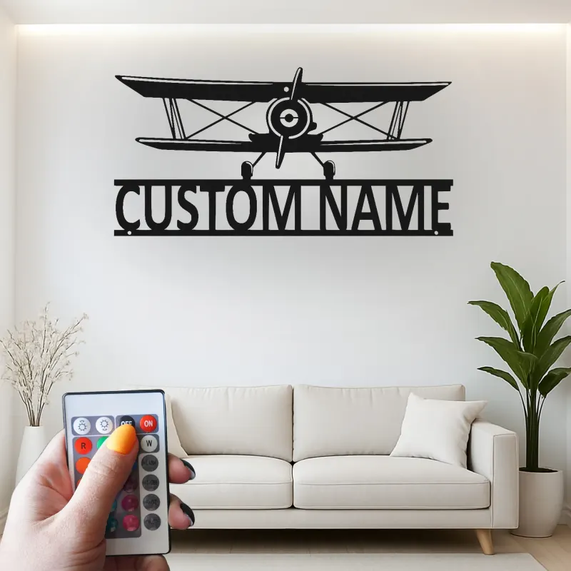 Personalisierte Biplan LED Licht Metall-Wandkunst – Geschenk für Piloten, Hangar oder Büro Dekor