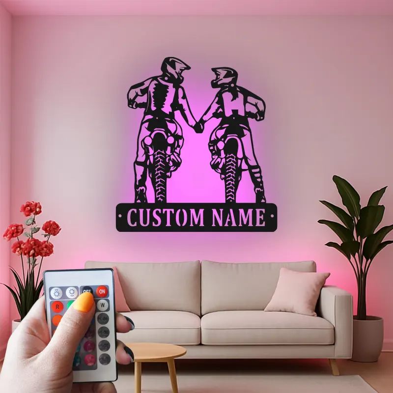 Custom Motocross Couple Led Light Metal Wall Art Personalized Gift for Bikers Garage or Man Cave Decor 1