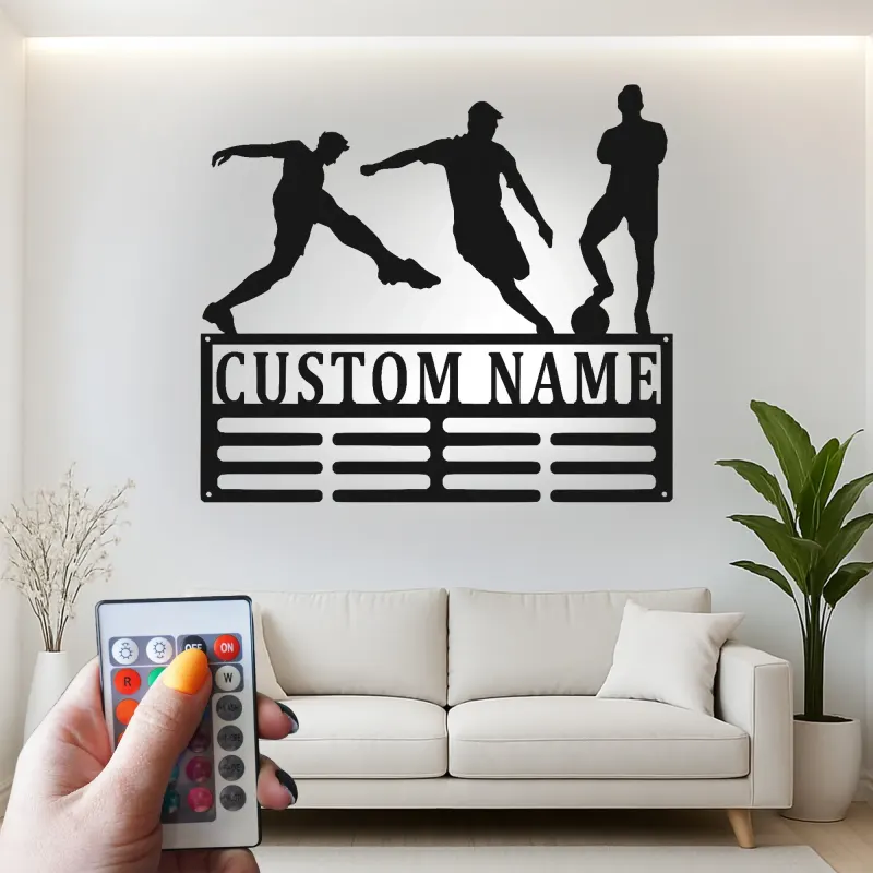 Insegna in Metallo Personalizzata per Calciatore | Arte Murale LED con Nome Personalizzato | Decorazione per Stanza di Gioco per Atleti | Regalo per Ragazzo Adolescente