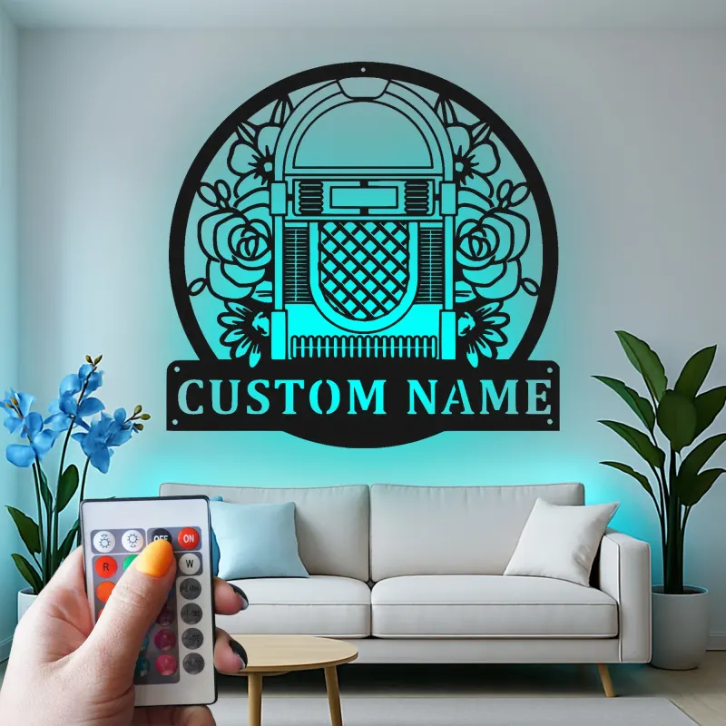 Insegna LED Jukebox Personalizzata | Insegna in Metallo Floreale Retro per Home Bar | Regalo per Amanti della Musica
