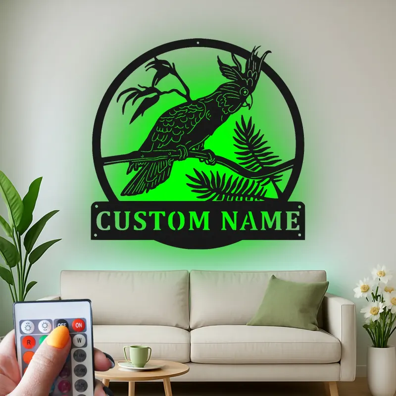 Cartel de metal personalizado de Cockatoo con luz LED Regalo para amante de aves Decoración de sala de estar o patio