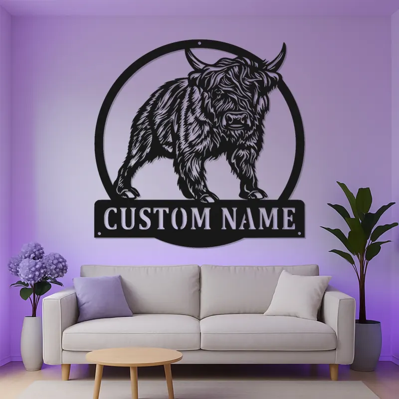 Décoration murale en métal Highland Cow | Plaque prénom personnalisée rétroéclairée LED | Déco rustique maison de campagne et ranch pour la maison ou l’entreprise