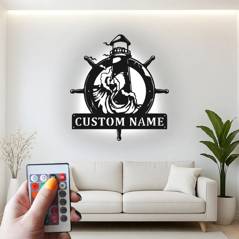 Custom Lighthouse Metal Sign | LED Nautical Wall Art | Personalized Ship Wheel Decor for Beach House | Maritime Gift