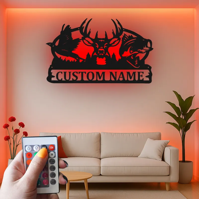 Cartel de metal personalizado con luz LED de ciervo, regalo personalizado para cazadores, decoración rústica de cabaña