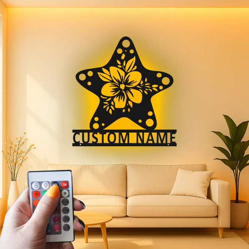 Cartel Personalizado de Hibisco y Estrella de Mar | Arte de Metal de Pared Personalizado con LED | Decoración de Casa de Playa Costera y Carteles para Salones