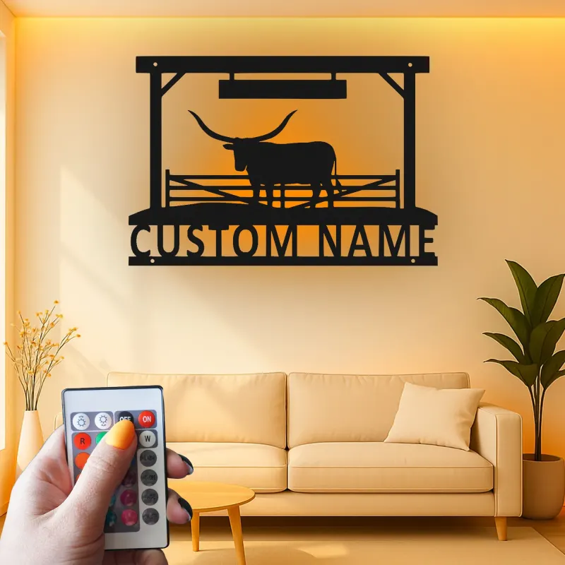 Texas Longhorn Metal Wall Art | Custom Ranch Sign with LED Lights | Personalized Farmhouse Decor for Cattleman