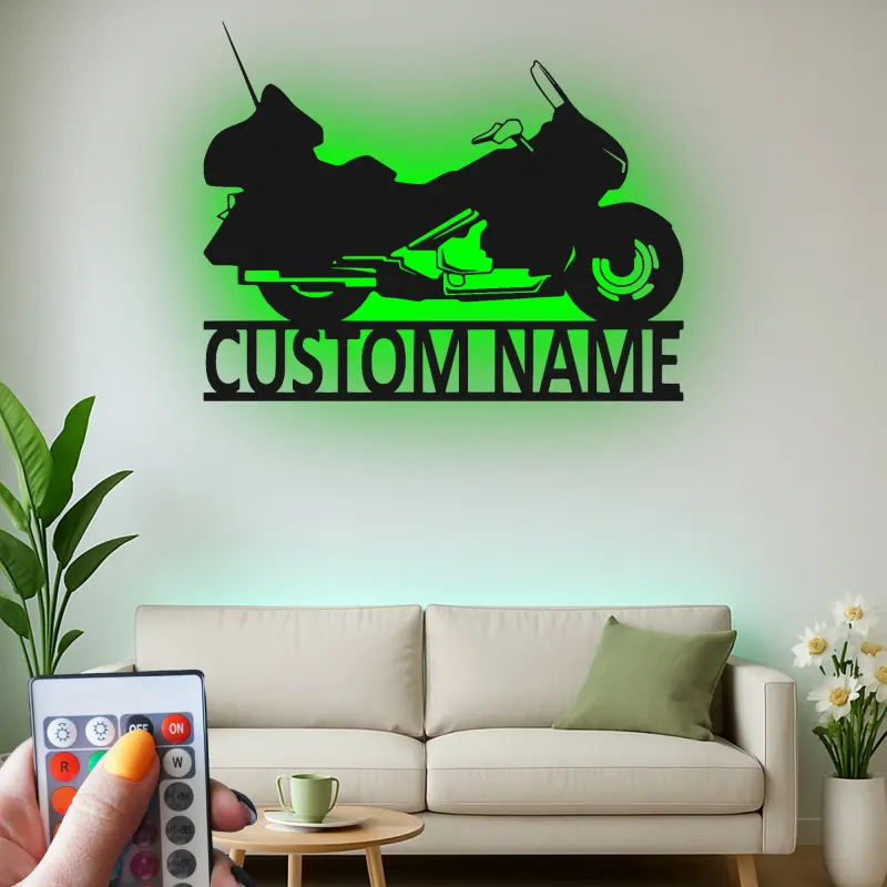Personalized Motorcycle Metal Wall Art | Custom Biker Name Sign with LED | Touring Bike Garage Decor for Rider