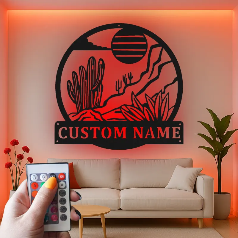 Décoration murale en métal personnalisée Paysage désertique avec rétroéclairage LED Cadeau pour les amoureux de la nature Décor de salon ou de bureau