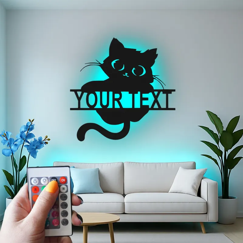 Insegna in metallo personalizzata con silhouette di gatto e luce LED regalo per amanti degli animali decorazione per soggiorno o camera da letto