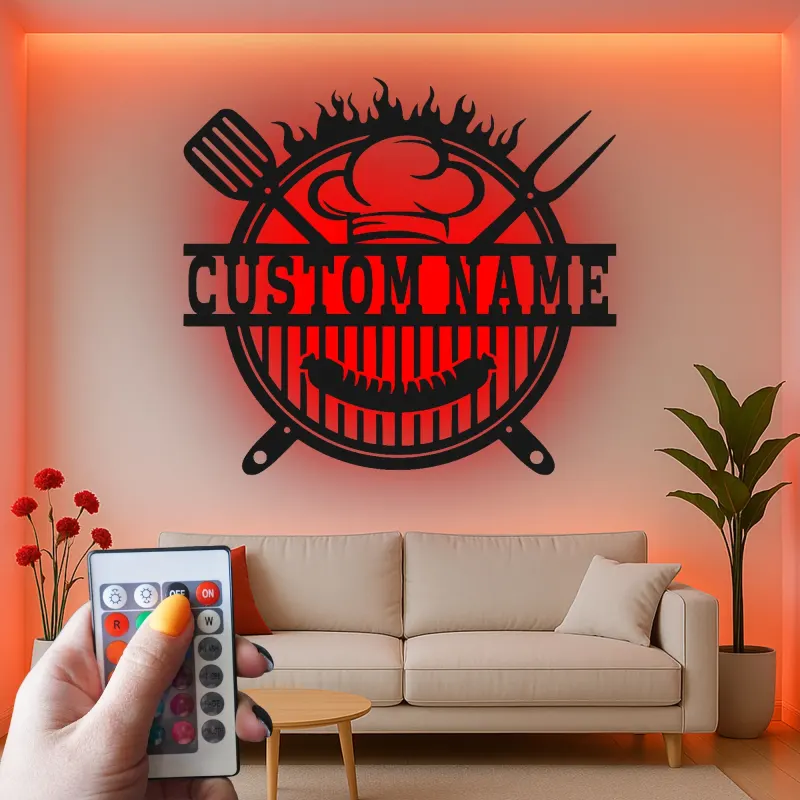 Insegna in metallo personalizzata con BBQ Grill e luce LED regalo personalizzato per maestro della griglia decorazione per cucina all'aperto