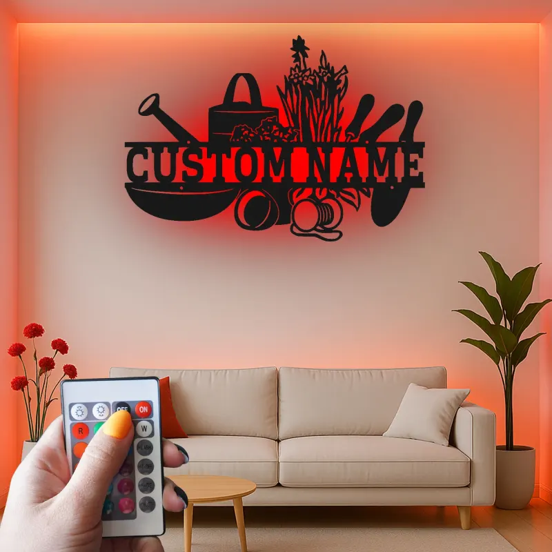 Cartel de jardín personalizado con luces LED | Decoración mural de metal personalizada | Decoración exterior para patio | Regalo para jardineros