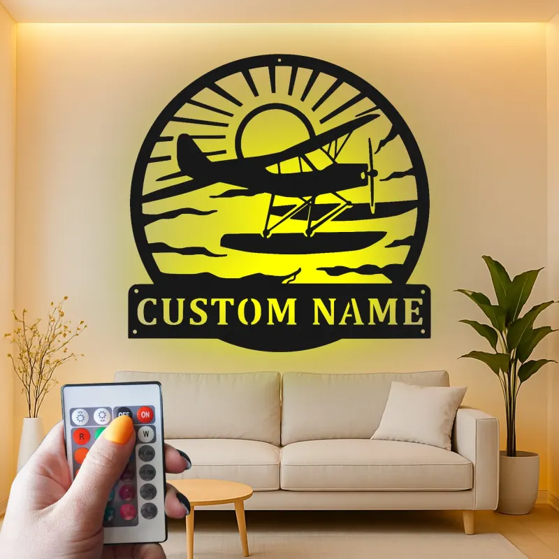 Insegna in metallo per idrovolante personalizzata | Arte murale LED personalizzata | Decorazione per piloti e casa al lago