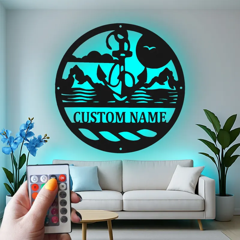 Art mural en métal LED personnalisé en forme d'ancre | Panneau de scène nautique personnalisé pour maison de plage | Cadeau déco océanique pour marins