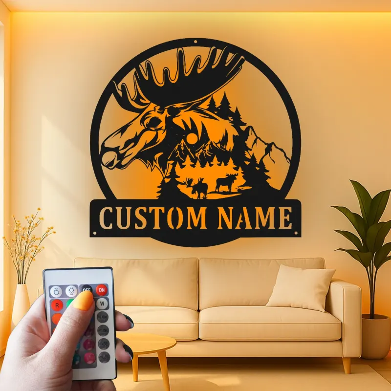 Letrero de metal personalizado con alce y LED | Arte mural personalizado de fauna salvaje | Decoración rústica para cabaña y refugio