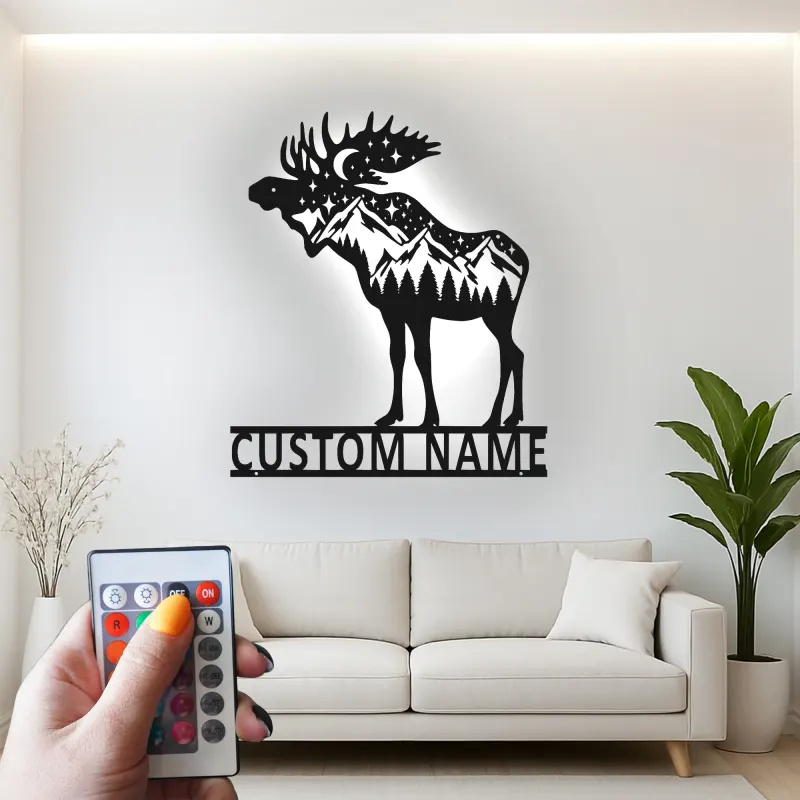 Panneau en métal personnalisé Élan | Décoration murale en métal LED personnalisée | Décor de cabane rustique pour amoureux de la nature