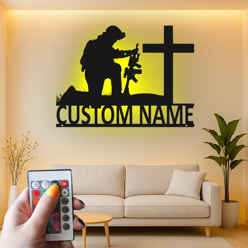 Kneeling Soldier Memorial Sign | Personalized LED Metal Art for Veterans | Custom Military Tribute | Christian Cross Wall Decor