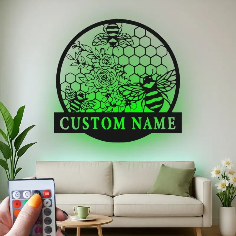 Personalisierte Bienen und Blumen LED Licht Metall-Wandkunst Geschenk für den Garten Natur-inspiriertes Wohnaccessoire