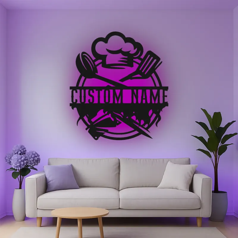 Personalisiertes Metall-Wandbild mit Kochmütze und LED-Beleuchtung – Küchen-Geschenk mit Namen