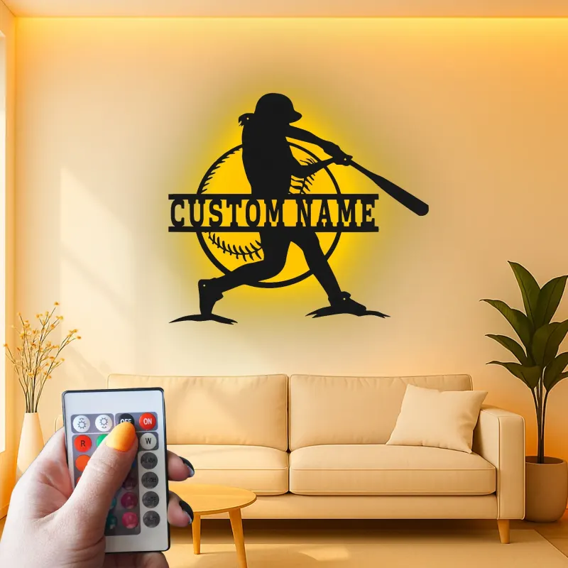 Insegna in metallo personalizzata per giocatore di softball con luce LED regalo per atleti decorazione per sala giochi sportiva 1