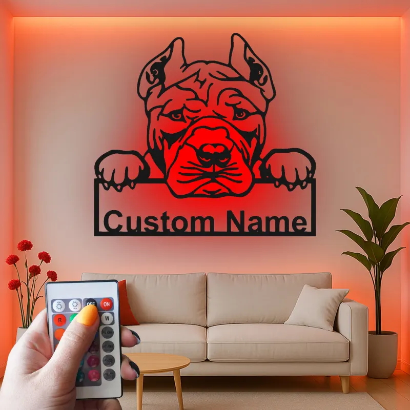 Panneau en métal LED personnalisé Pitbull | Art de silhouette de chien personnalisé | Cadeau pour amoureux des animaux | Décor moderne pour la maison