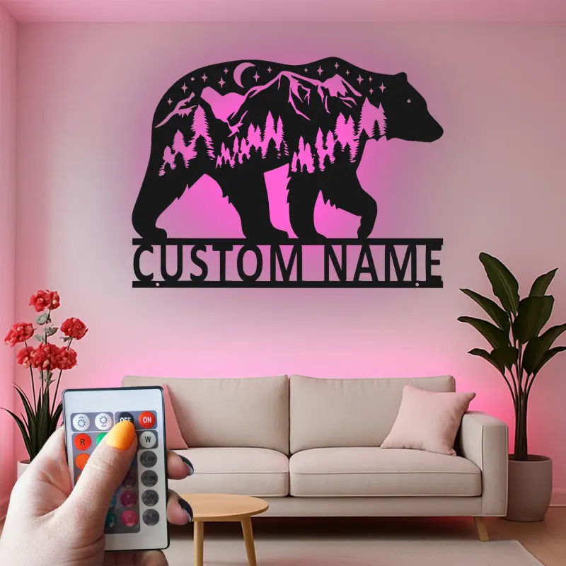 Décoration murale en métal personnalisée avec éclairage LED Forêt d'Ours Cadeau pour Amateurs de Nature Décor de Cabane ou Salon