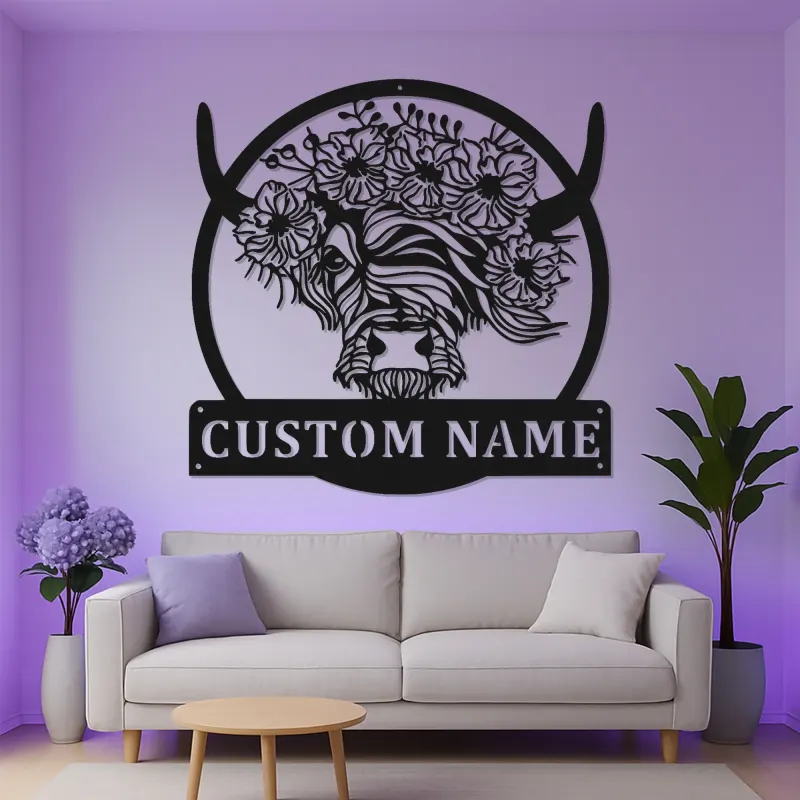 Custom Highland Cow LED Sign | Floral Metal Wall Art for Farmhouse Decor | Personalized Rustic Gift for Cow Lover