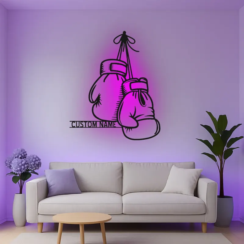 Insegna in metallo personalizzata con guantoni da boxe e luce LED - Regalo personalizzato per pugili, palestra o decorazione per angolo dedicato 1