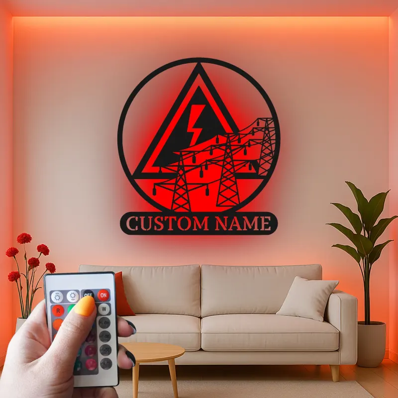 Art mural en métal LED d'électricien | Enseigne personnalisée de lineman avec lignes électriques | Décor industriel personnalisé pour bureau et garage