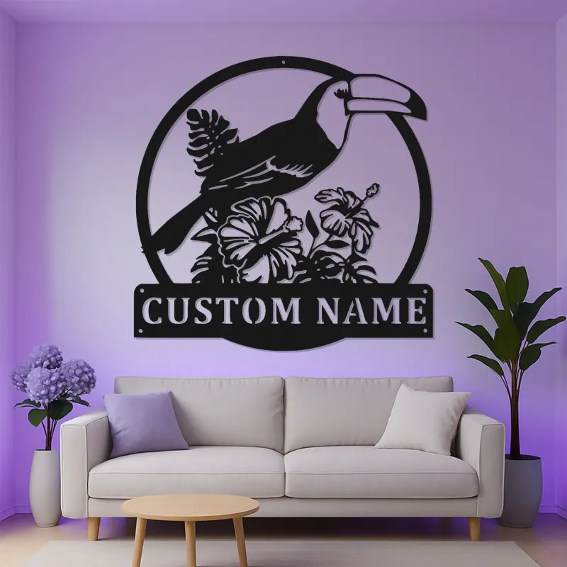 Custom Toucan Metal Sign | Personalized LED Wall Art with Hibiscus | Tropical Patio & Nursery Decor | Exotic Bird Lover Gift