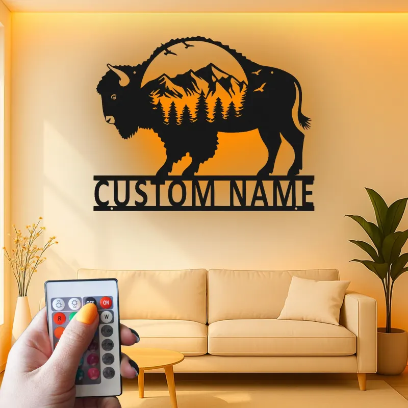 Cartel de metal personalizado con escena de montaña y bisonte iluminado LED, regalo para amantes de la naturaleza, decoración rústica para salas de estar