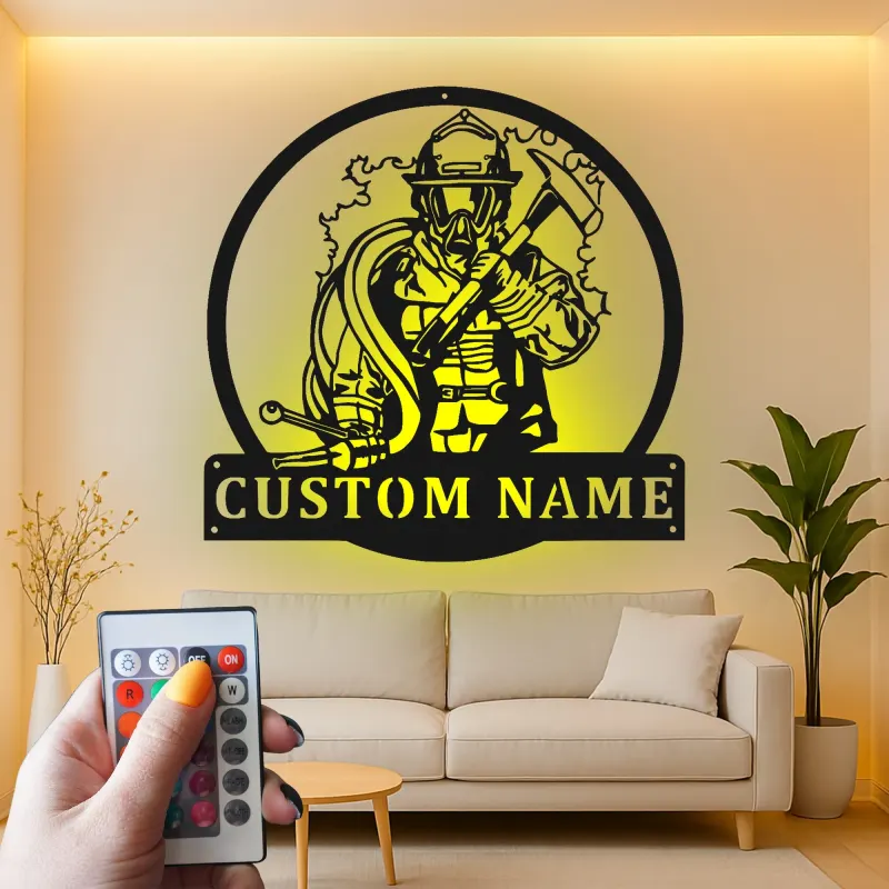 Panneau LED personnalisé pour pompier | Décoration murale en métal | Cadeau pour premier intervenant pour décor de caserne | Art de salle de loisirs