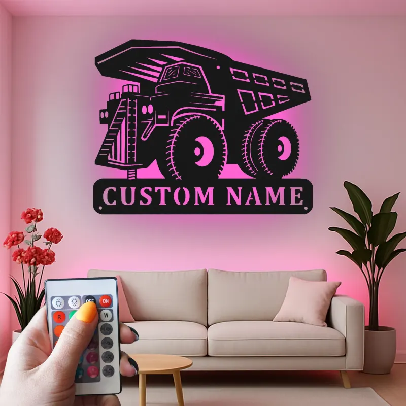 Insegna in metallo LED personalizzata a tema camion ribaltabile per appassionati di costruzione, decorazione per cameretta