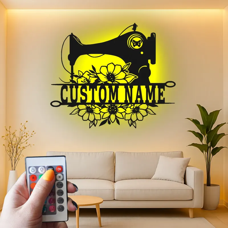 Cartel de máquina de coser personalizado | Decoración mural de metal LED | Decoración personalizada para el cuarto de manualidades | Regalo para costurera o mamá