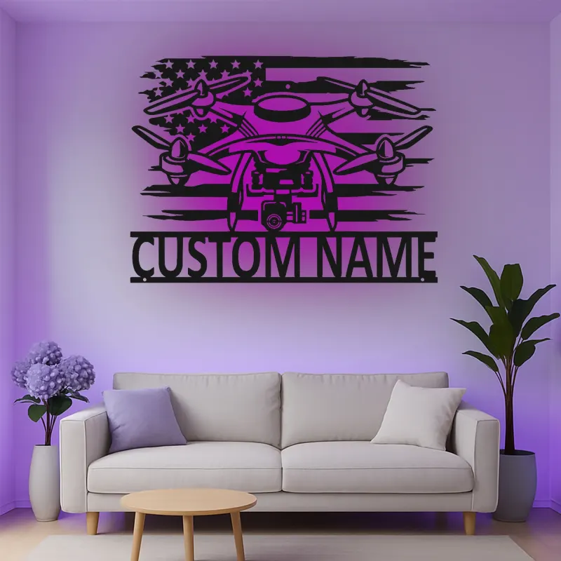 Custom Drone Led Light Metal Wall Art Personalized Gift for Drone Enthusiasts Man Cave or Office Decor