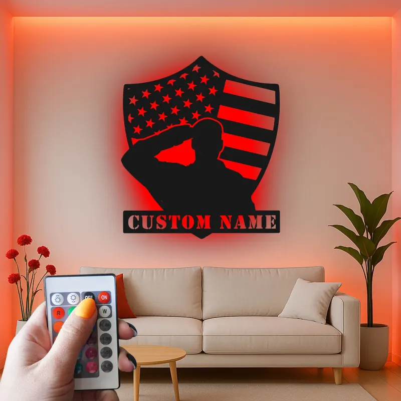 Saluting Soldier LED Metal Wall Art | Personalized Veteran Gift | Custom Military Name Sign for Man Cave
