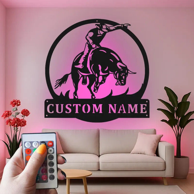 Insegna in metallo personalizzata Rodeo Bull Rider | Arte murale in metallo LED per decorazioni western e ranch | Regalo per cowboy