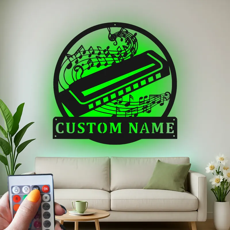 Enseigne LED personnalisée harmonica | Décoration murale en métal sur mesure | Décor pour salle de musique | Cadeau pour musicien et amateur de blues