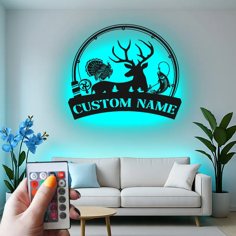 Insegna in metallo LED personalizzata per caccia e pesca, regalo per amanti dell'outdoor, decorazione per baita o man cave