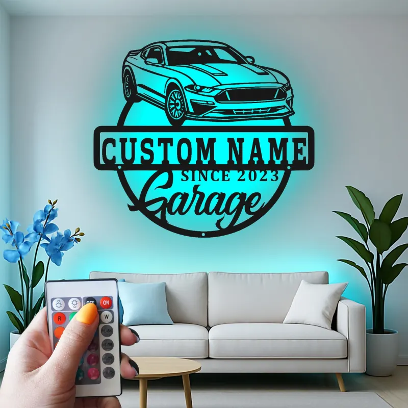 Letrero de garaje con coche muscle personalizado | Arte mural LED de metal personalizado | Regalo para amante de los coches y decoración de sala de juegos