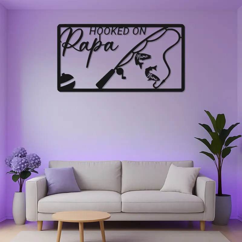 Personalisierte Fischer-Geschenk | Individuelles LED-Metallschild mit Namen | Dekoration für das Ferienhaus von Papa & Opa | Hooked on Papa-Schild