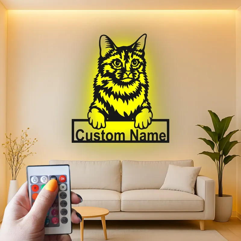 Insegna in metallo personalizzata con luce LED per gatti - Regalo per amanti dei gatti, decorazione per soggiorno o camera da letto