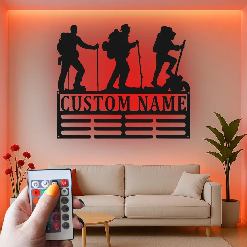 Custom Hiker LED Metal Art | Personalized Name Sign for Cabin Decor | Outdoor Enthusiast Gift
