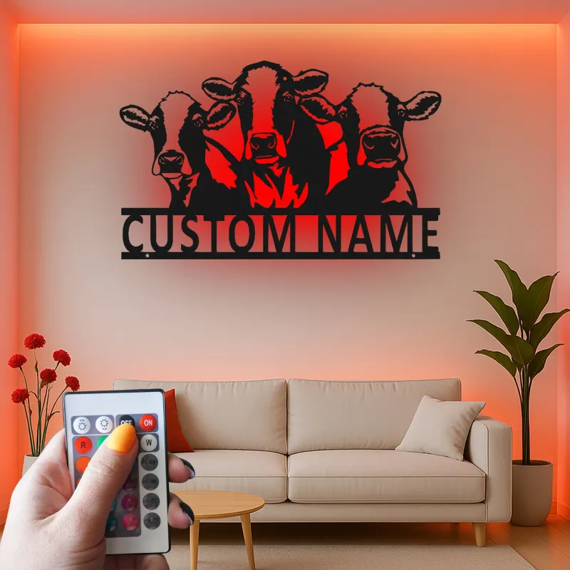 Décoration murale en métal personnalisée avec trio de vaches et rétroéclairage LED - Cadeau de ferme pour une cuisine rustique ou une grange