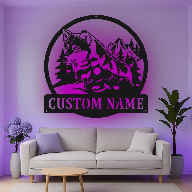 Custom Wolf Led Light Metal Wall Art Personalized Gift for Nature Lovers Rustic Cabin Decor