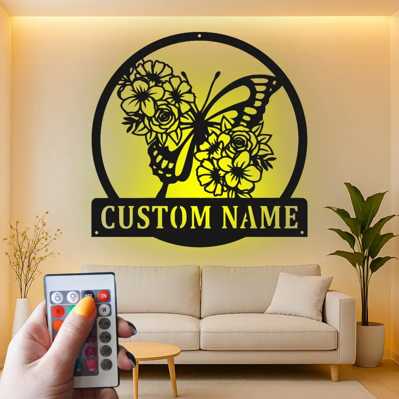 Custom Butterfly and Flowers Led Light Metal Wall Art Personalized Gift for Nature Lovers Bedroom or Garden Decor