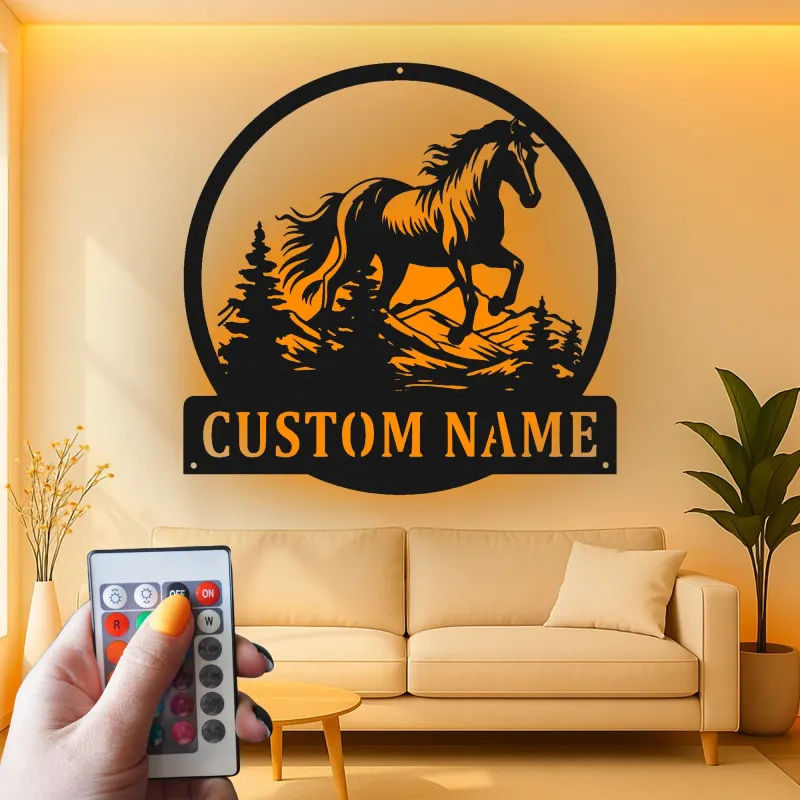 Insegna in metallo personalizzata con LED | Arte murale equestriana personalizzata | Regalo per amanti dei cavalli
