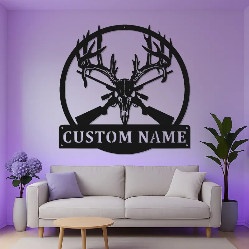 Panneau LED en métal personnalisé tête de cerf | Décor de chalet avec fusils croisés | Décoration murale de chasse sur mesure | Cadeau pour homme