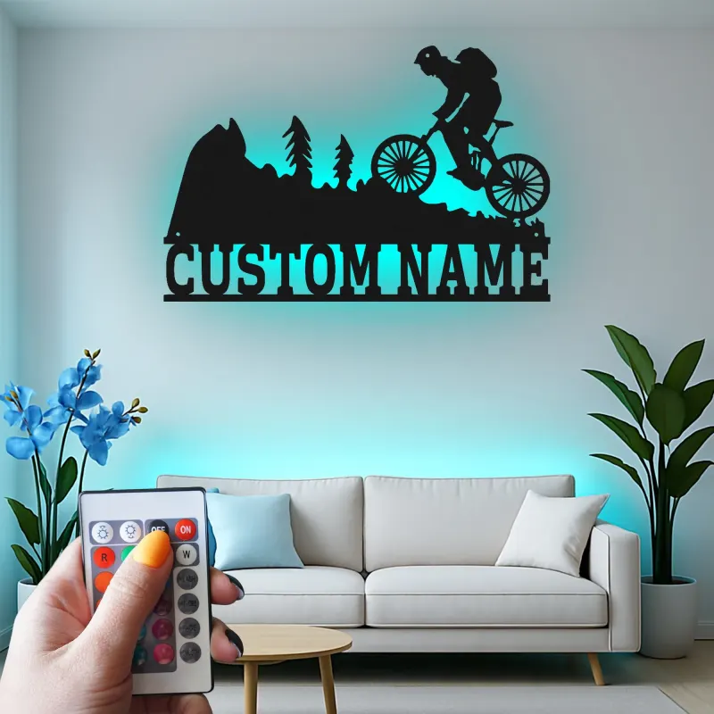 Custom Mountain Biker Sign | Personalized Cyclist LED Metal Wall Art | Outdoor Adventure Decor Gift for Bike Lovers