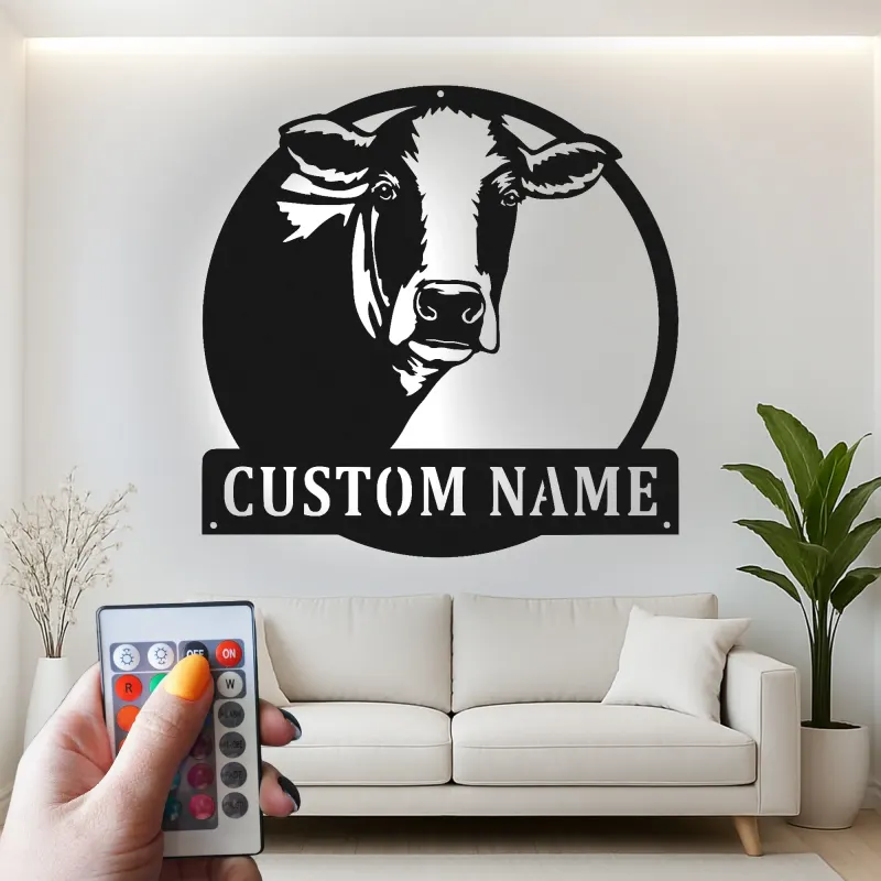 Personalisierte Kuh LED-beleuchtete Metall-Wandkunst – Geschenk im Landhausstil, rustikale Deko für Küche oder Scheune