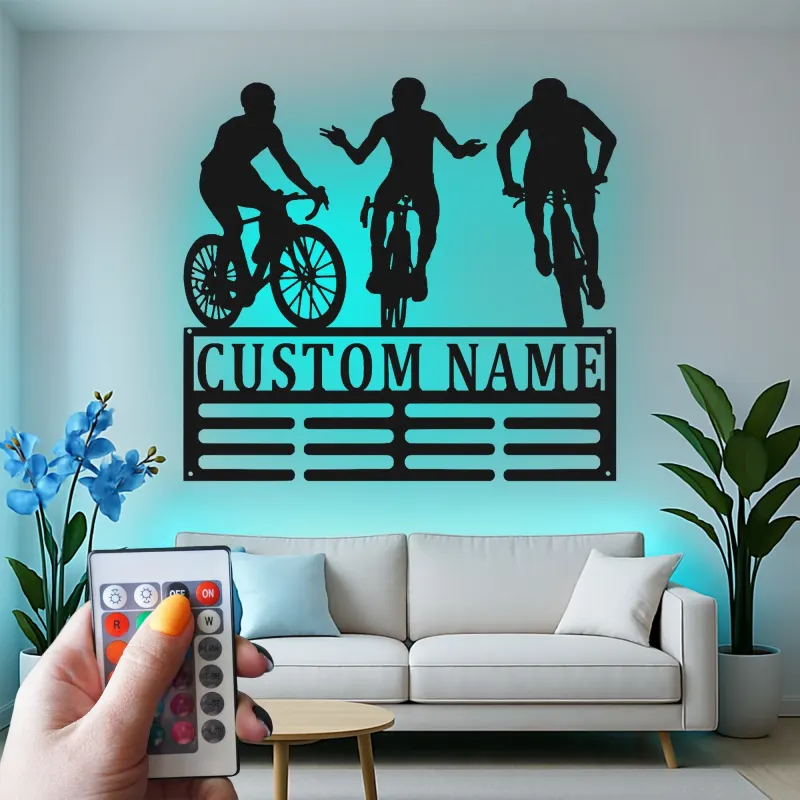 Insegna in metallo personalizzata con luce LED Trio Ciclisti Regalo per appassionati di bici Decorazione per garage o man cave